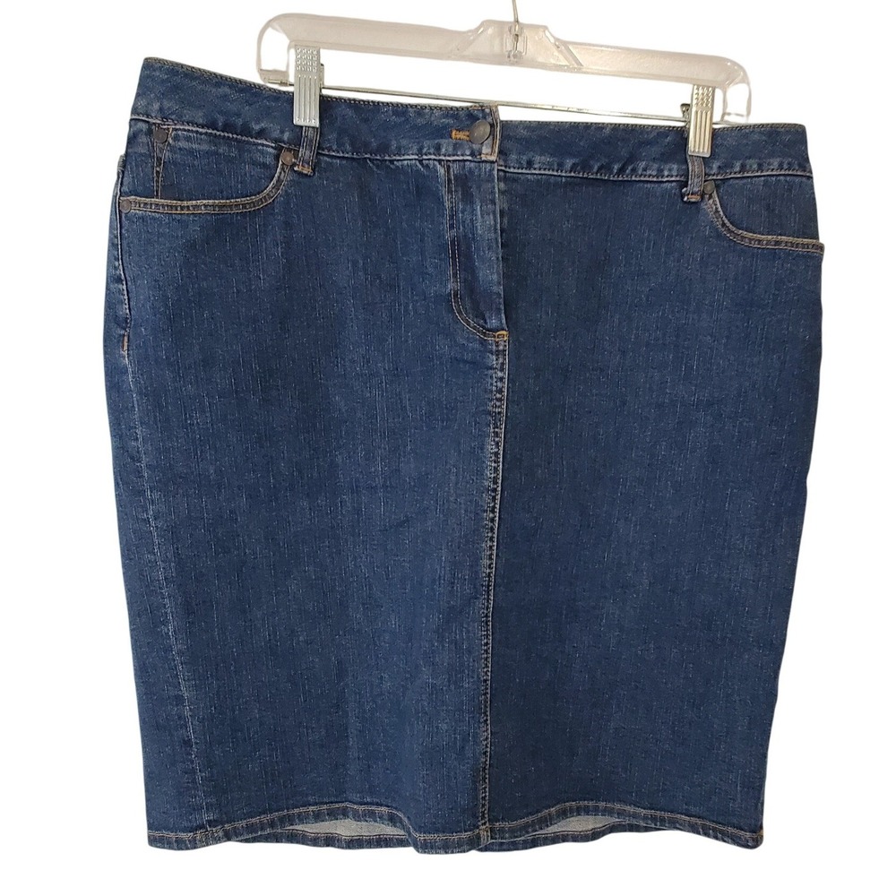 Talbots Woman Petites Blue Denim Pencil Skirt Size 16WP Stretch Cotton Dark Wash